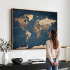 Navy Blue World Map Canvas Print | Framed Travel Map Wall Art
