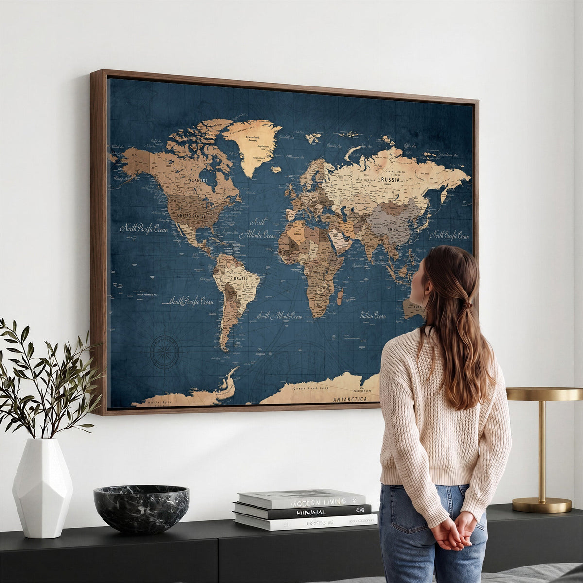 Navy Blue World Map Canvas Print | Framed Travel Map Wall Art