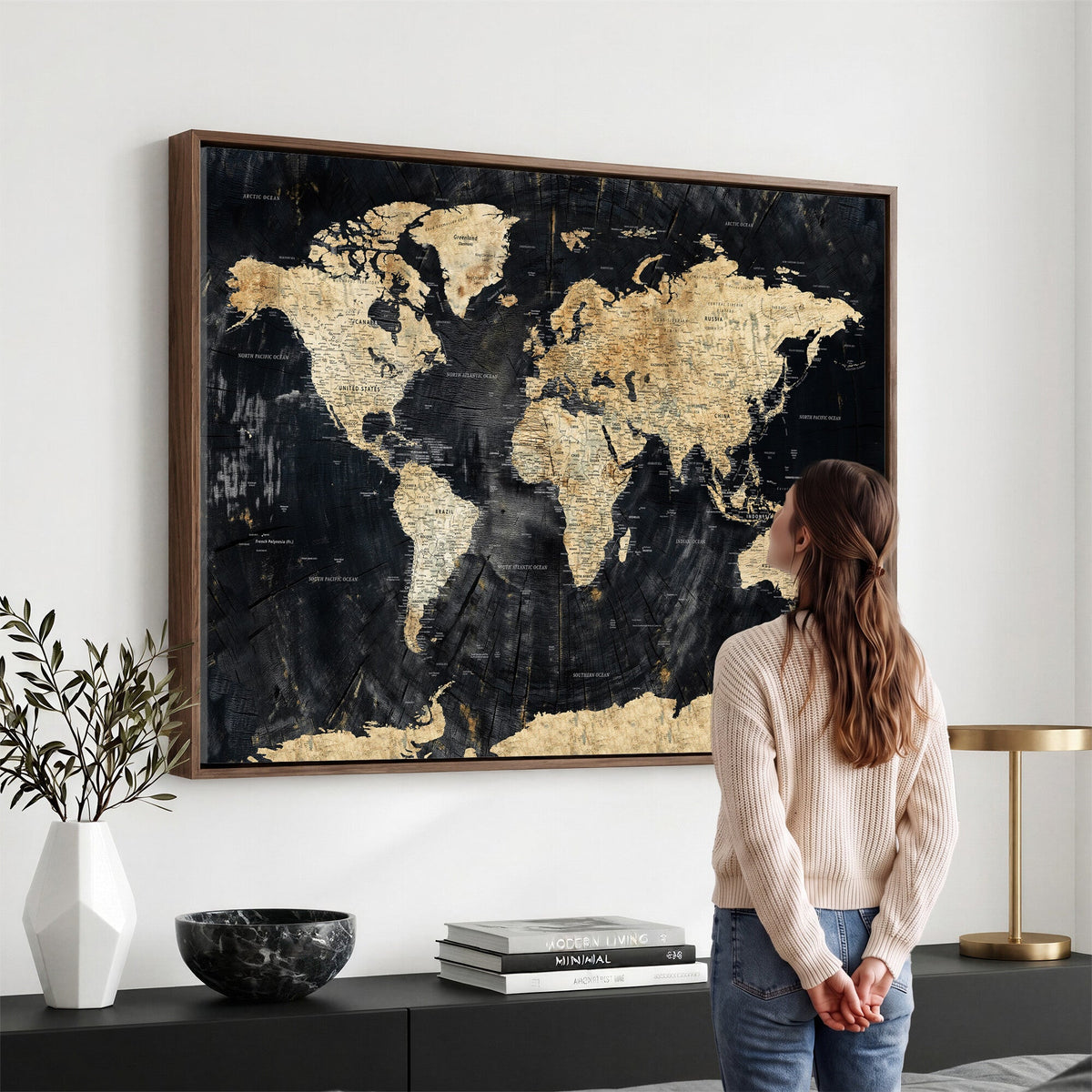 Framed Large World Map Wall Art Canvas Print for Living Room
