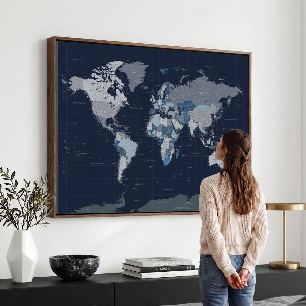Blue Detailed World Map Wall Art Canvas Print | Modern Framed Map