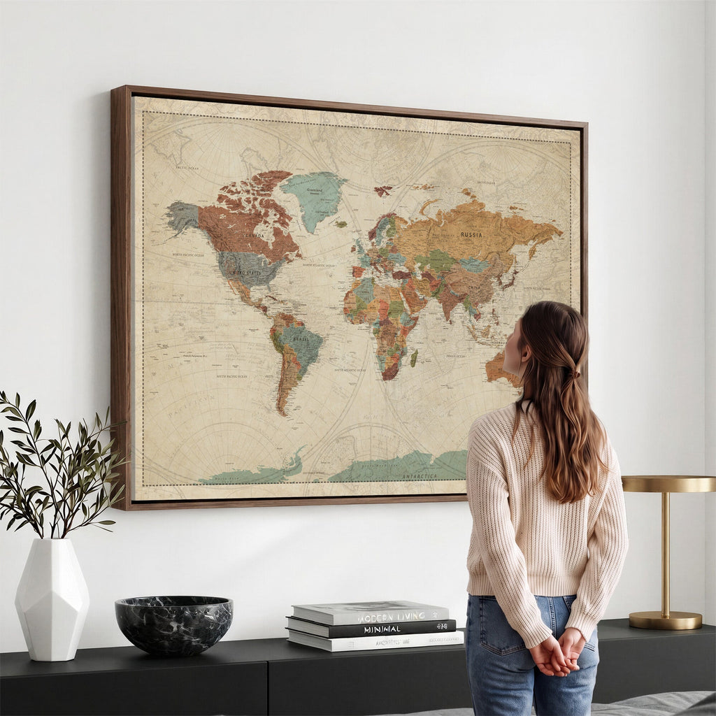 Vintage World Map Canvas Wall Art Print | Framed Modern World Map