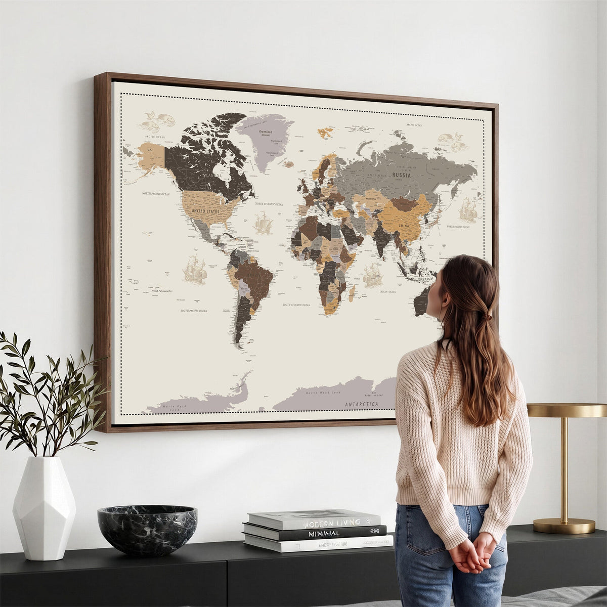 Custom Beige Modern Push Pin World Map Canvas Print, Places Visited Tracker, Bedroom and Study Decor