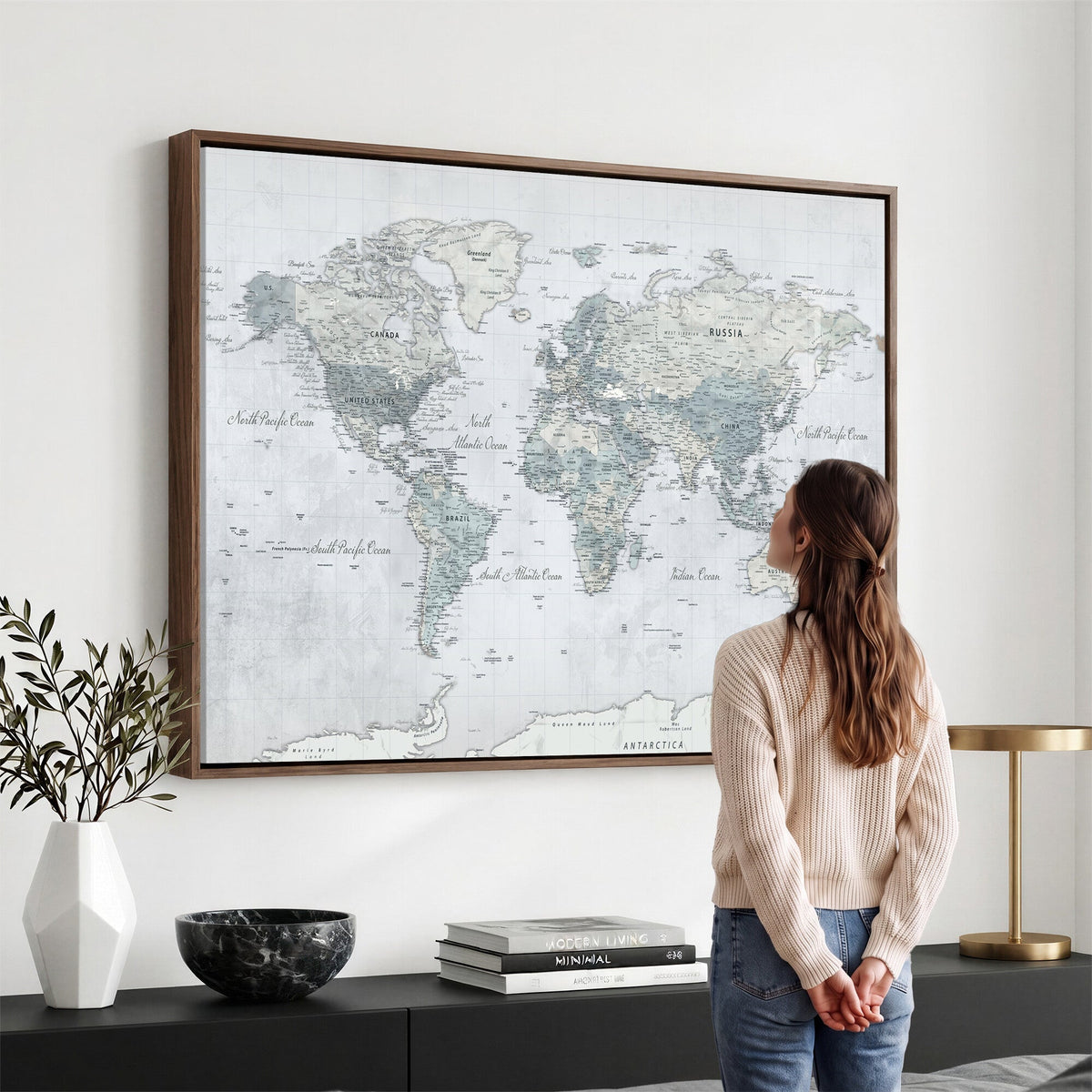 Push Pin World Map Canvas Print - Detailed Vintage World Map