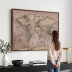 Grunge World Map Canvas Wall Art - Vintage Aged World Map with Golden Tones
