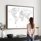 World Map Canvas Print, Framed Modern Detailed Map of the World for Home or Office