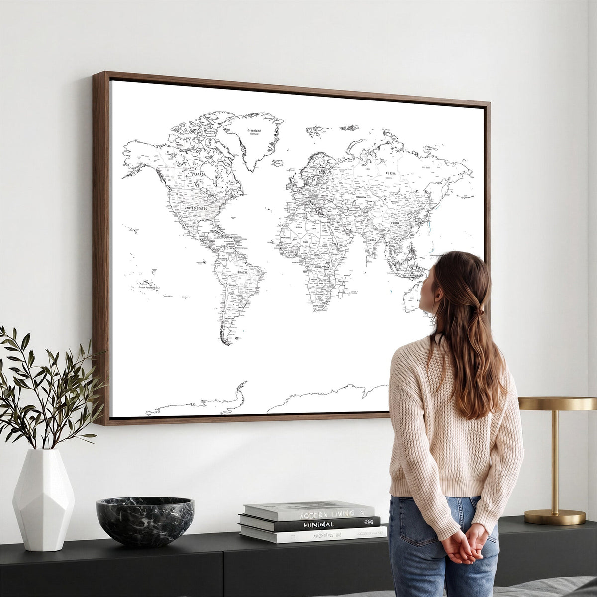 World Map Canvas Print, Framed Modern Detailed Map of the World for Home or Office