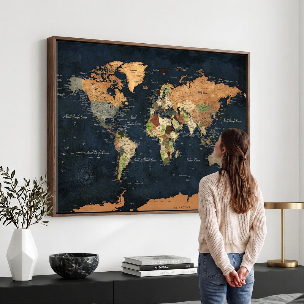 Vintage World Map Canvas Wall Art | Detailed Map with Countries, Oceans and Continents