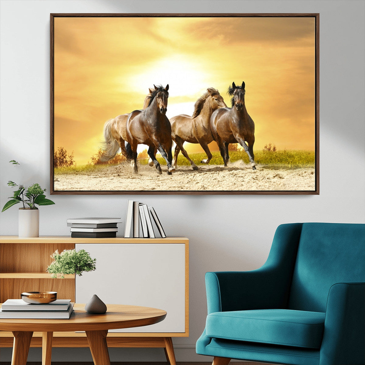 Wild Horses Wall Art Canvas Print, Framed Galloping Herd