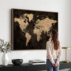 Brown World Map Canvas Print | Modern Travel Map Wall Art
