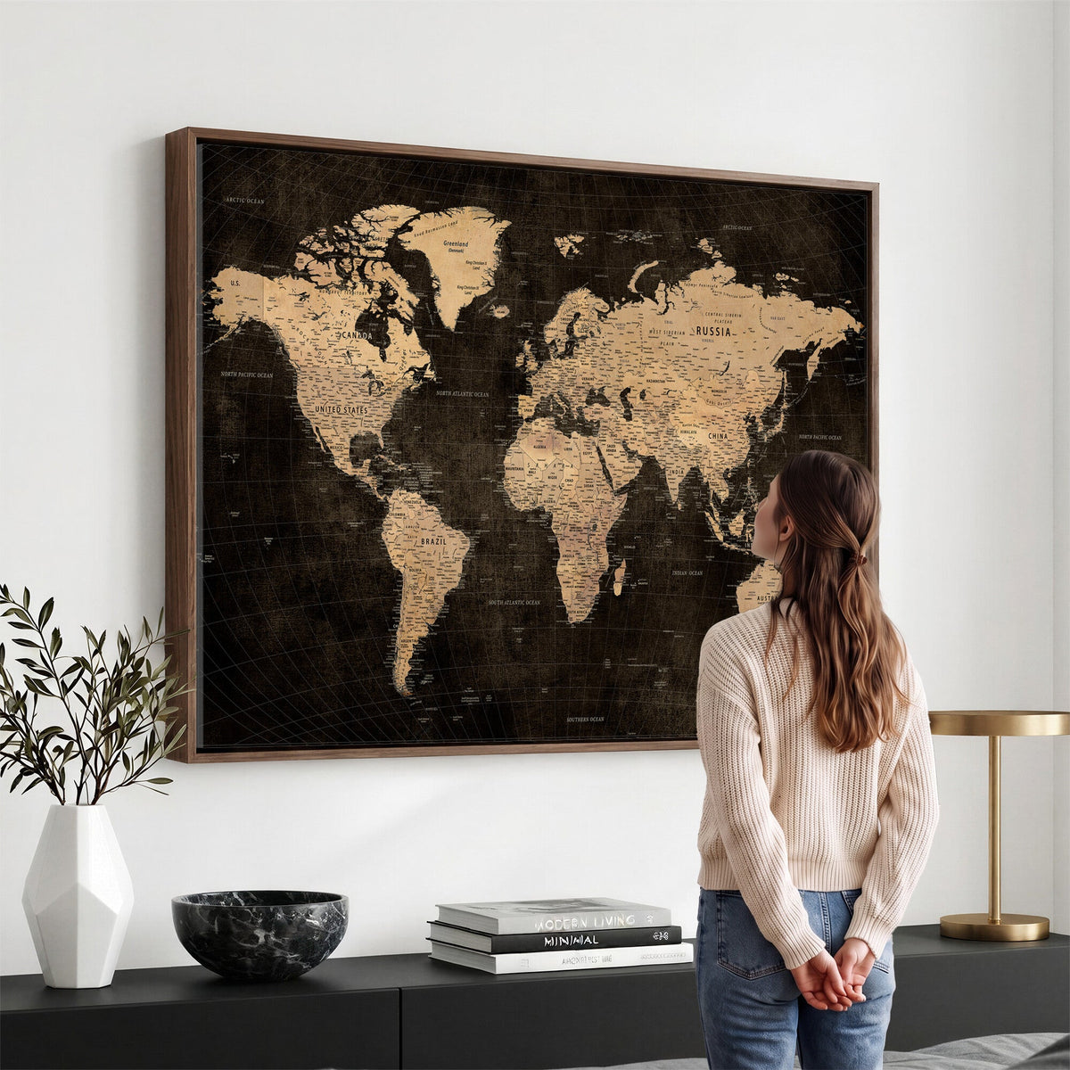 Brown World Map Canvas Print | Modern Travel Map Wall Art