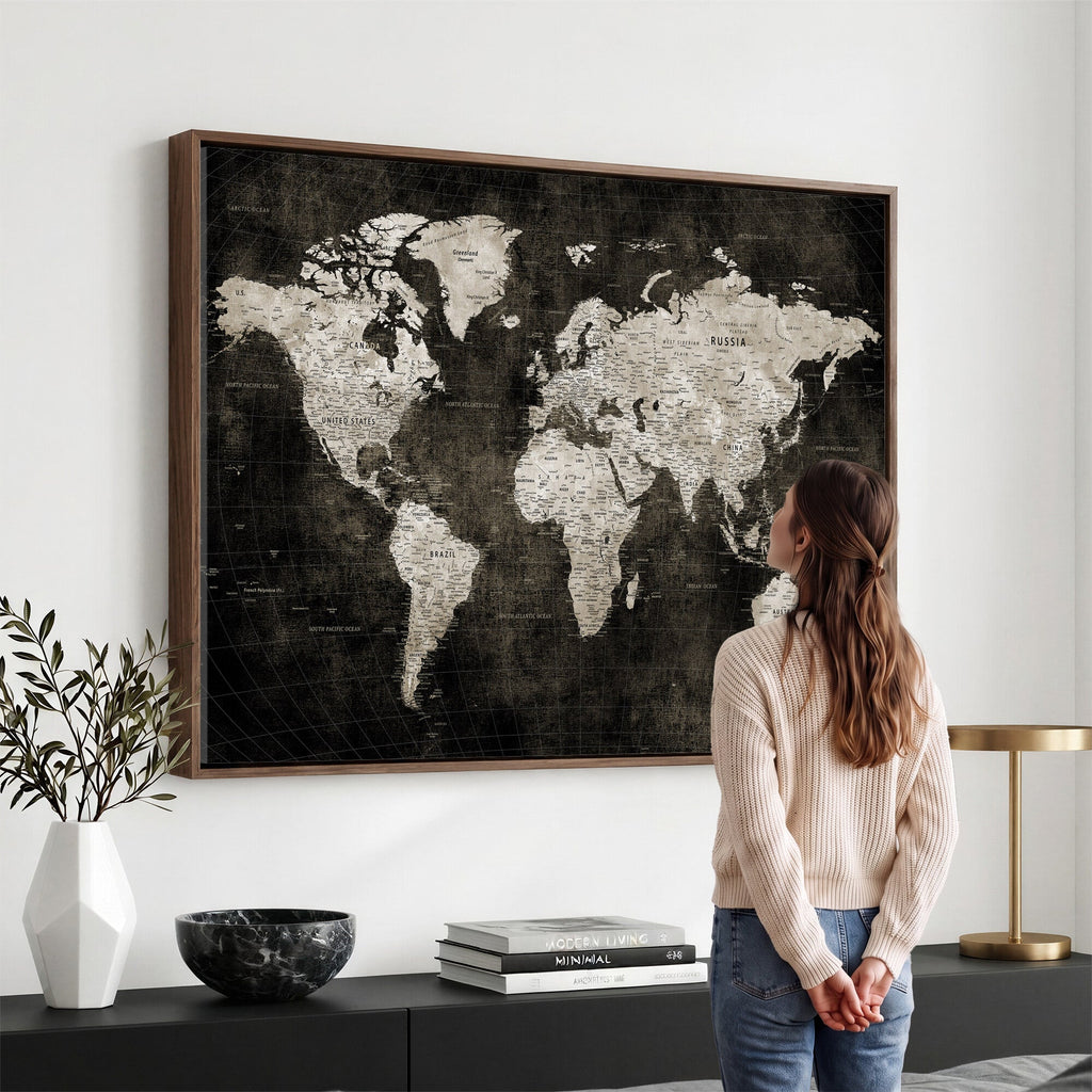 Vintage World Map Wall Art Canvas Print | Framed Large Map Wall Art