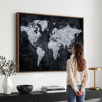 Black World Map Canvas Print | Detailed Map for Couples and Anniversary Gift