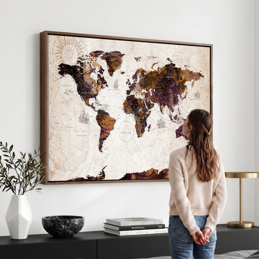 Blue Watercolor World Map Canvas Print | Framed Modern Wall Art
