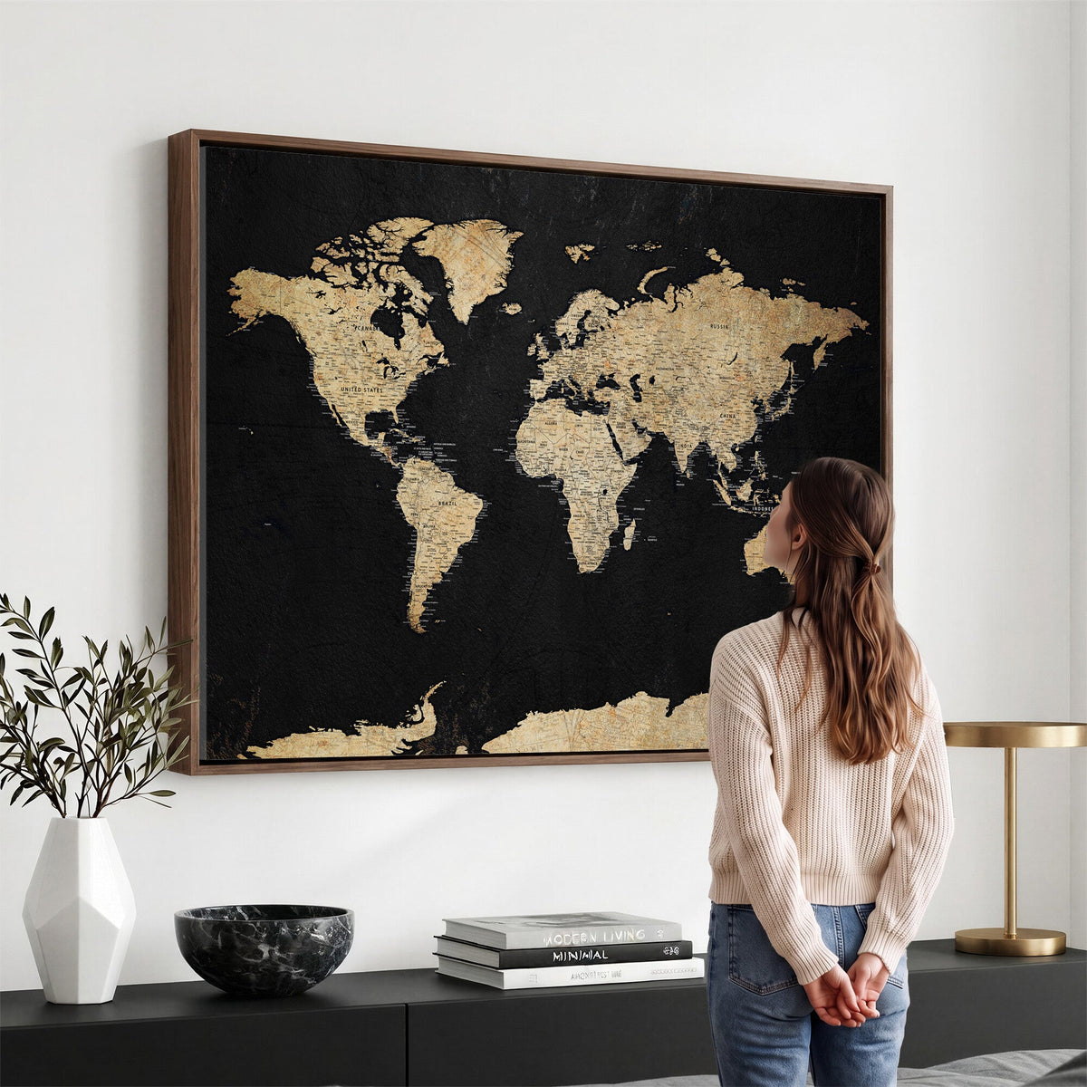 Beige World Map Canvas Wall Art Print, Minimal Black and Beige Map