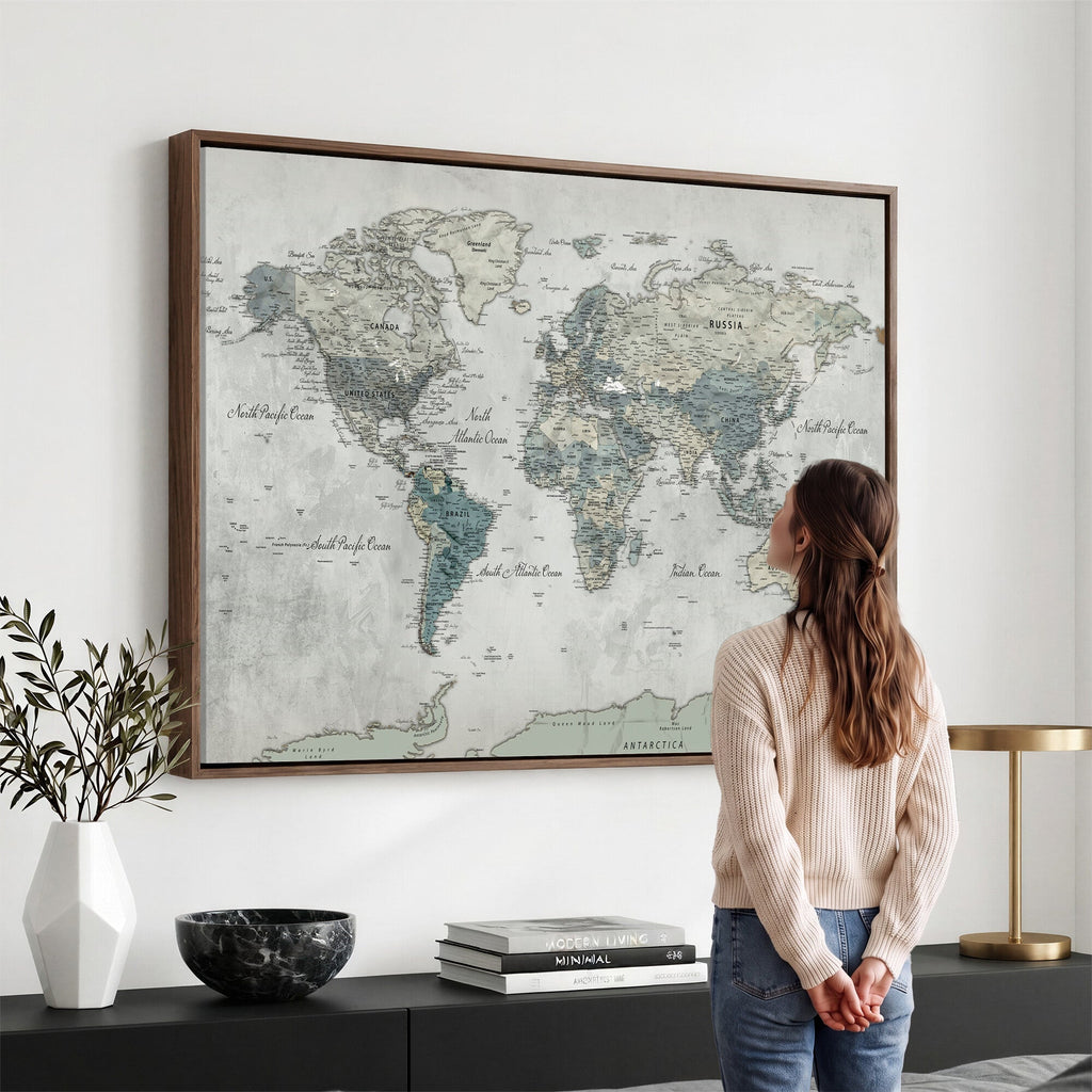 Neutral Vintage World Map Canvas Wall Art Print, Classic Map Artwork