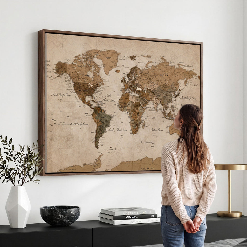 World Map Canvas Wall Art Print, Detailed Global Map Artwork