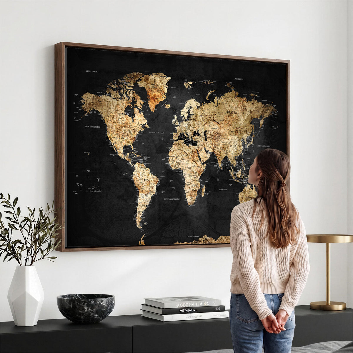 World Map Canvas Wall Art with Famous Landmarks | Framed Travel Map