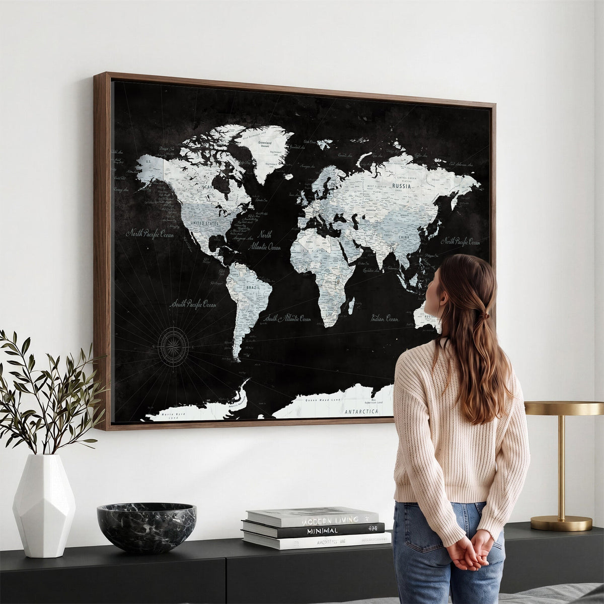 World Map Canvas Print | Framed Push Pin Wall Art, Color Splash Travel Map