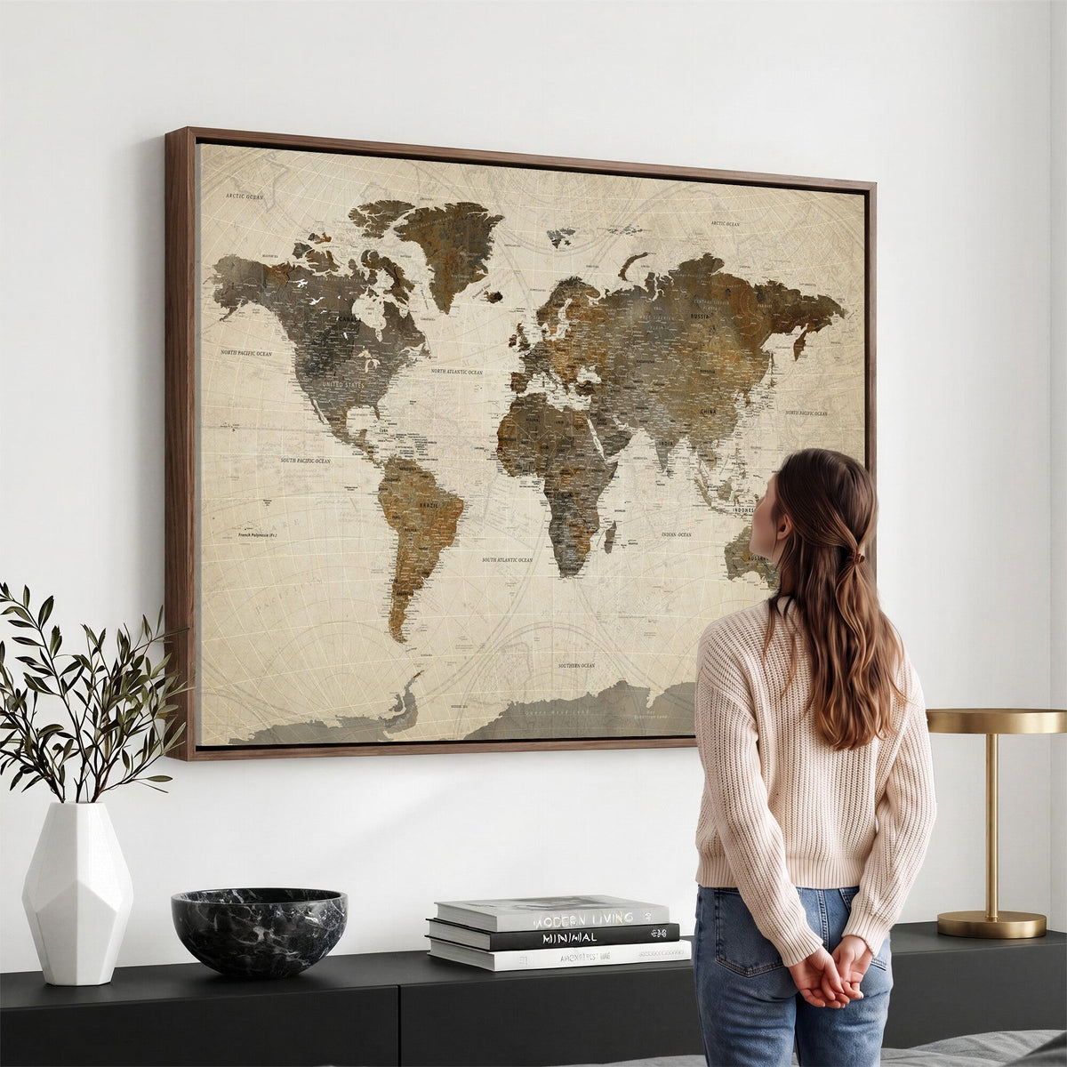 Vintage World Map Canvas Wall Art | Framed Antique Style Travel Map