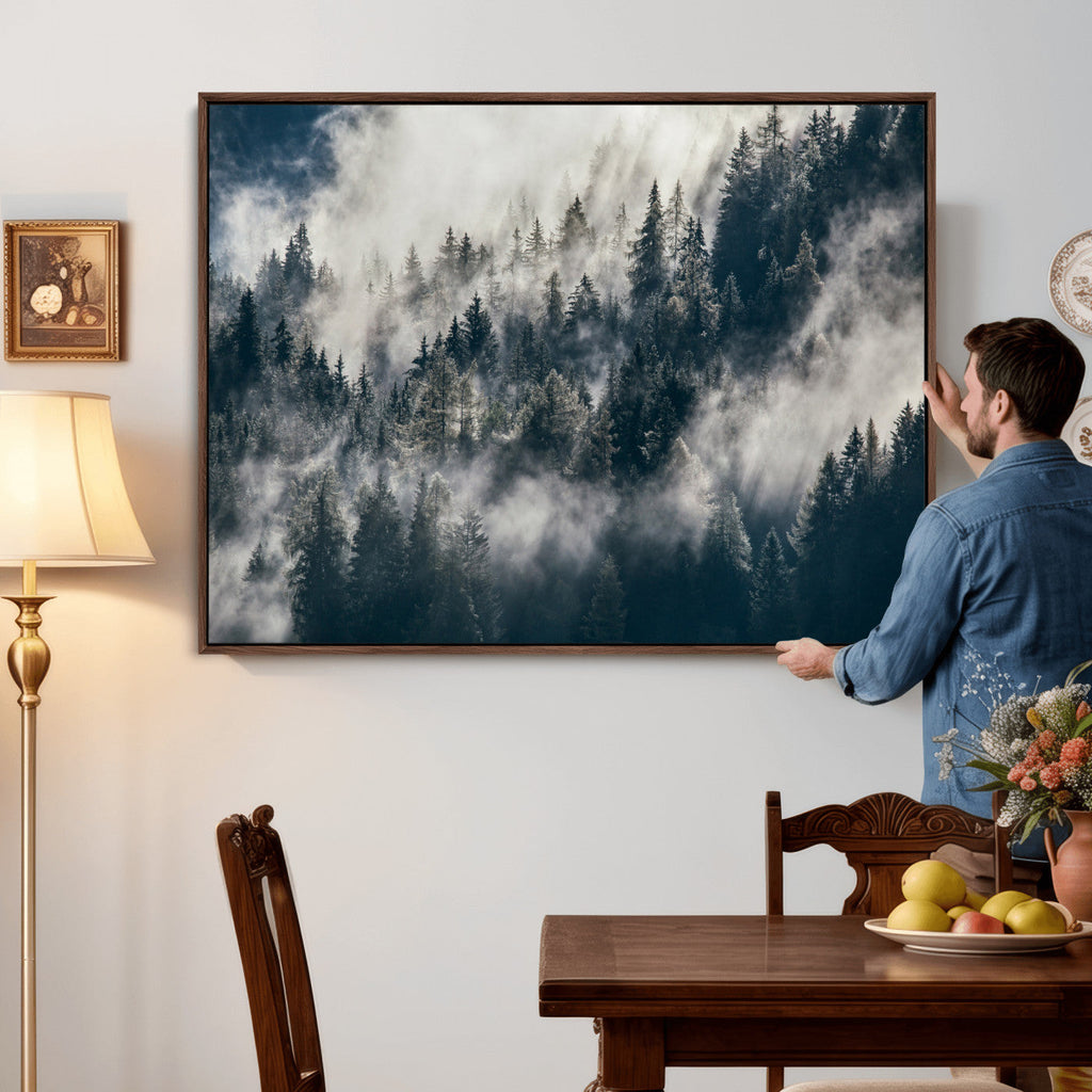 Foggy Mountain Forest Canvas Print, Misty Pine Trees Nature Wall Art