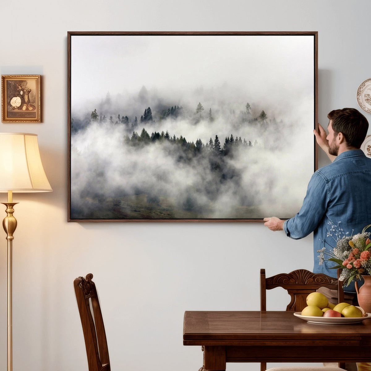 Foggy Forest Wall Art Canvas Print, Misty Pine Tree Landscape