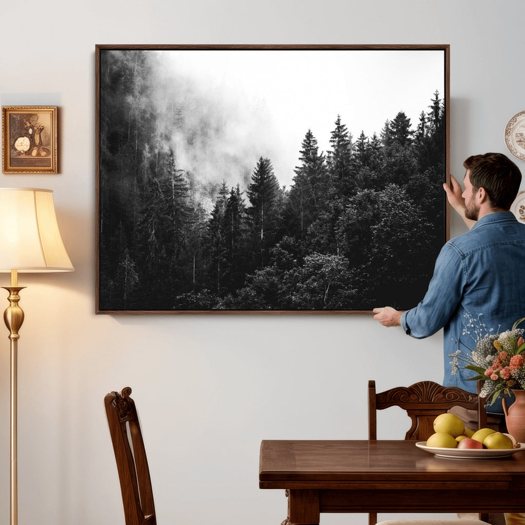 Black White Forest Wall Art Canvas Print, Misty Pine Tree Landscape