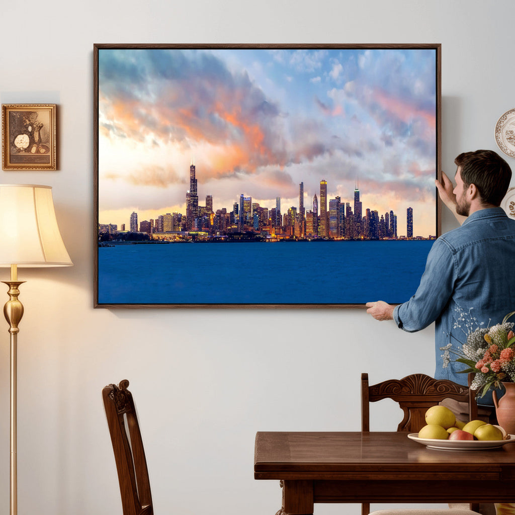Chicago Wall Art Canvas Print - Chicago City Downtown Night Cityscape
