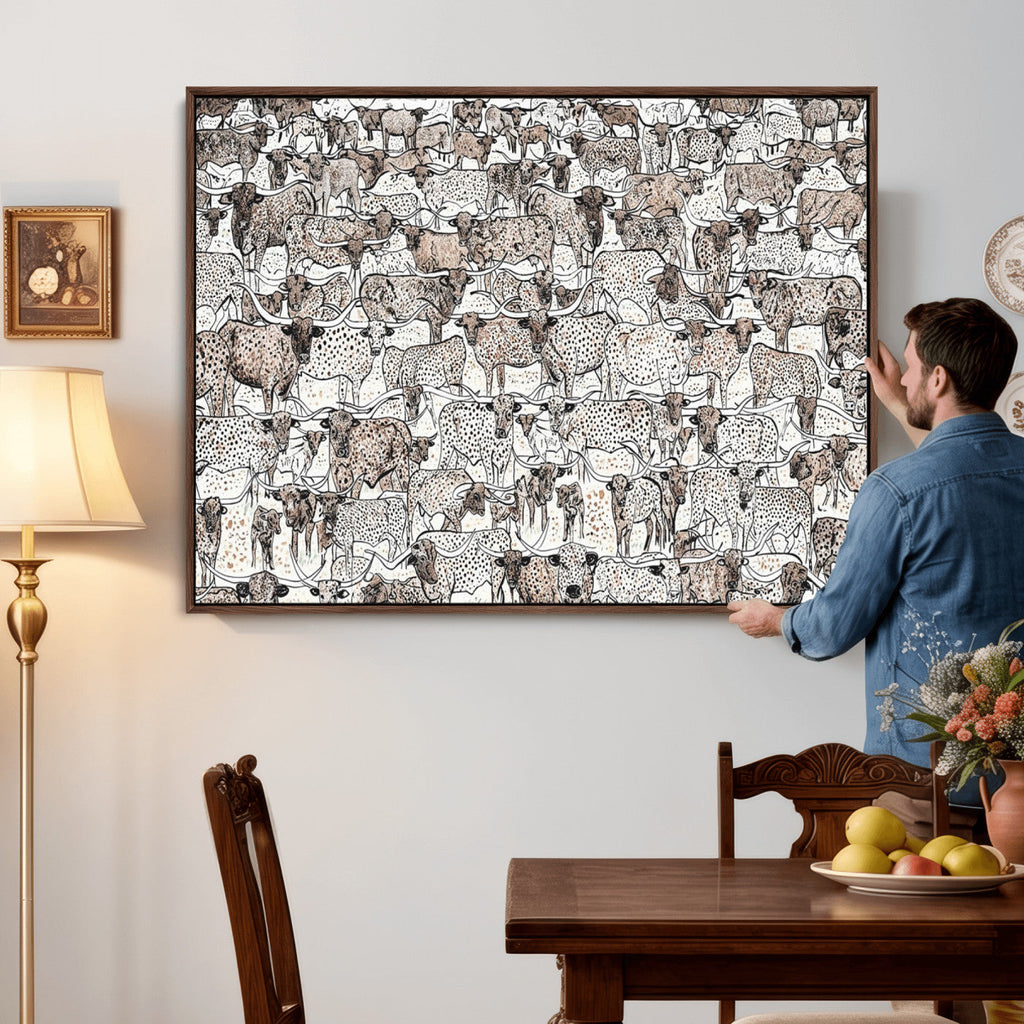 Abstract Texas Cow Wall Art Canvas Print, Farm Longhorn Art for Cabin Decor