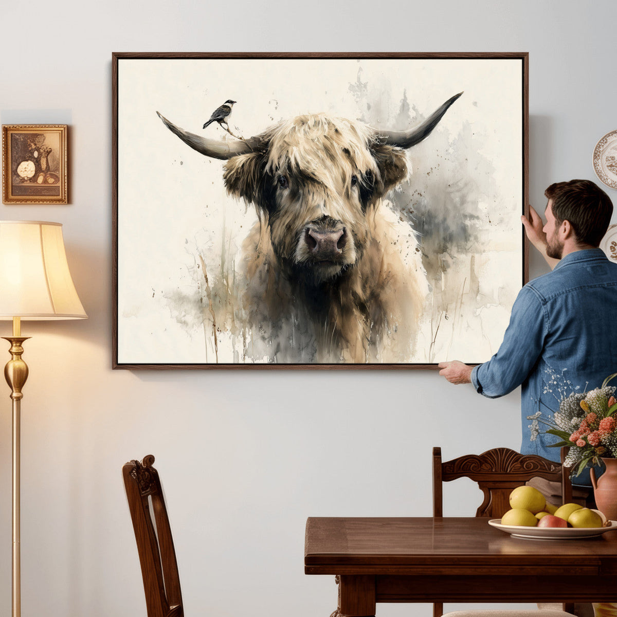 Abstract Highland Cow Wall Art Canvas Print, Rustic Farm Cattle Portrait