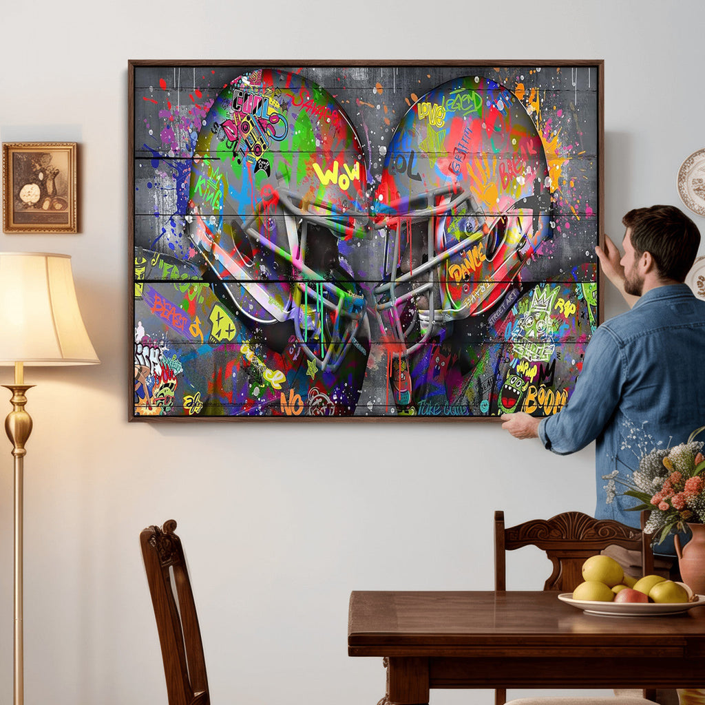 Graffiti Football Helmets Wall Art Canvas Print, Urban Street Art