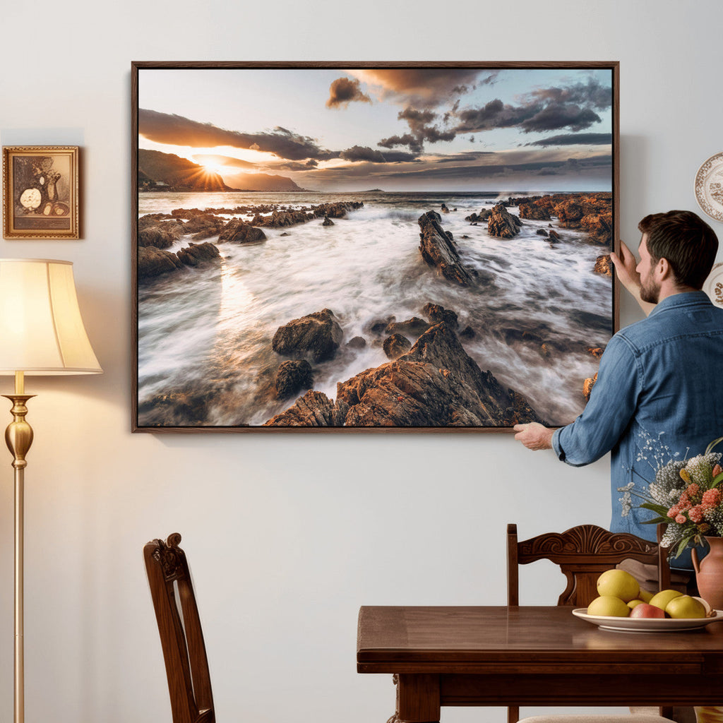 Rocky Coast Ocean Sunset Wall Art Canvas Print, Dramatic Seascape Nature Decor