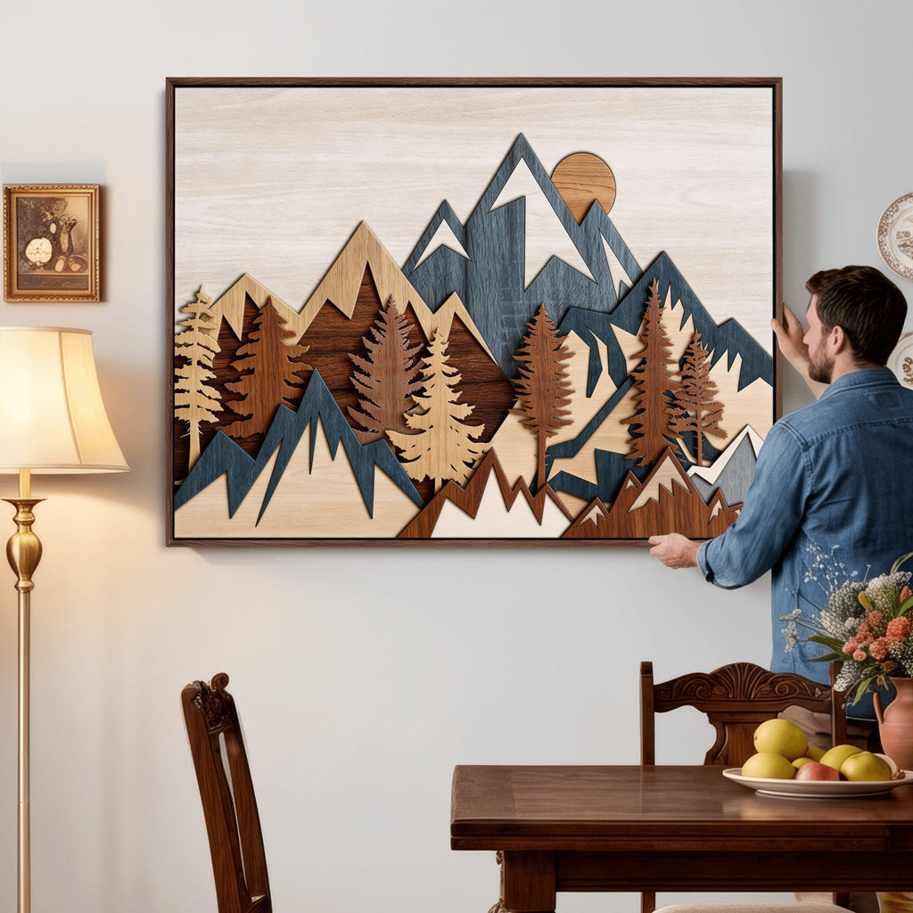 Layered Wooden Mountain Wall Art Canvas Print, Modern Rustic Forest and Pine Landscape