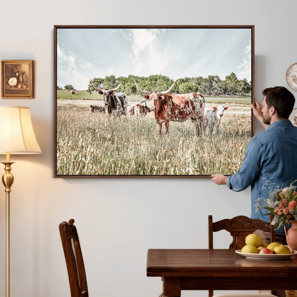 Texas Longhorn Cattle Wall Art Canvas Print, Western Ranch Landscape Decor