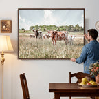 Texas Longhorn Cattle Wall Art Canvas Print, Western Ranch Landscape Decor