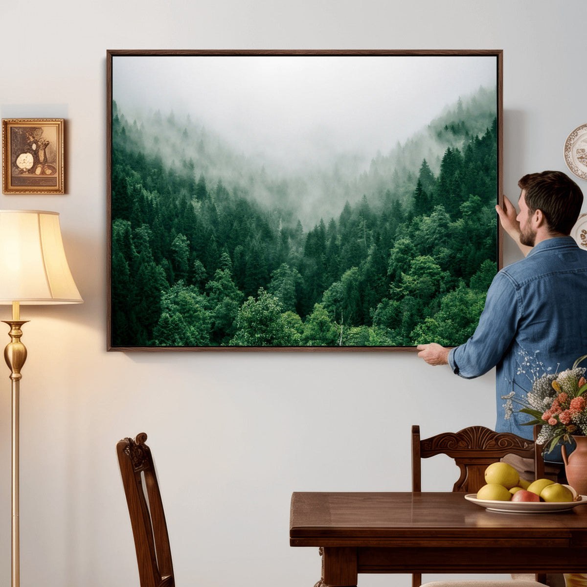 Misty Pine Forest Wall Art Canvas Print, Foggy Evergreen Landscape
