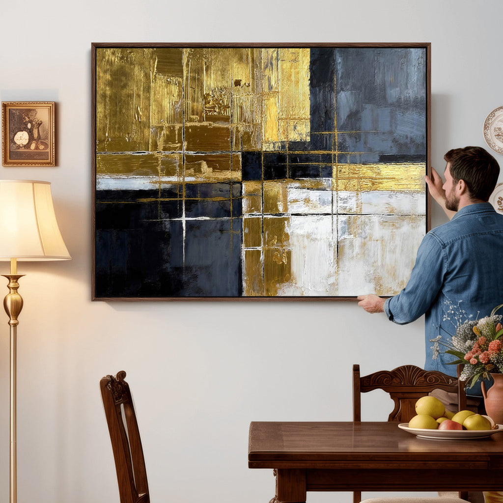 Gold Navy Abstract Wall Art Canvas Print, Modern Luxury Geometric Art for Living Room and Office