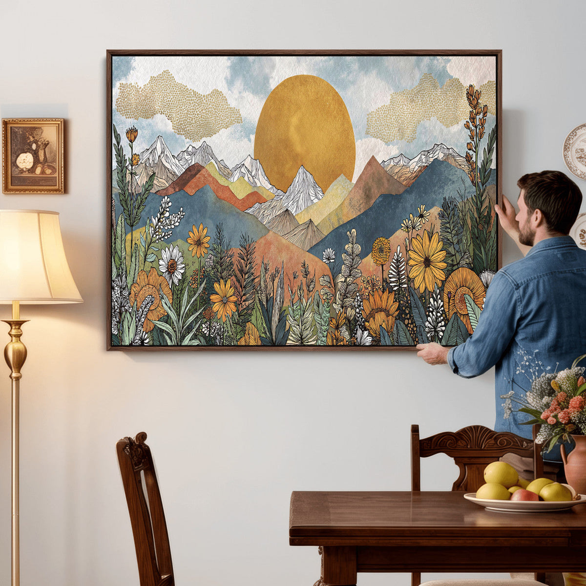 Boho Mountain Landscape Large Wall Art, Horizontal Gold Sun and Flowers Print