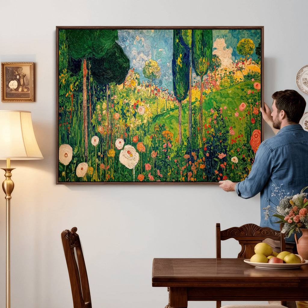 Gustav Klimt Boho Mountain Landscape Large Wall Art, Gold Sun and Flowers Print