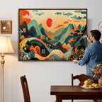 Yayoi Kusama Boho Mountain Landscape Large Wall Art, Gold Sun and Flowers Print