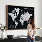 Personalized Black Push Pin Travel Map Canvas Print, Couples Countries Visited Map, Entryway and Hallway Decor