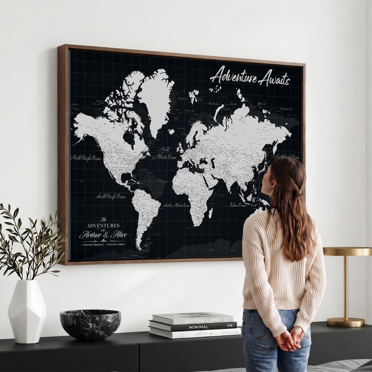 Personalized Black Push Pin Travel Map Canvas Print, Couples Countries Visited Map, Entryway and Hallway Decor