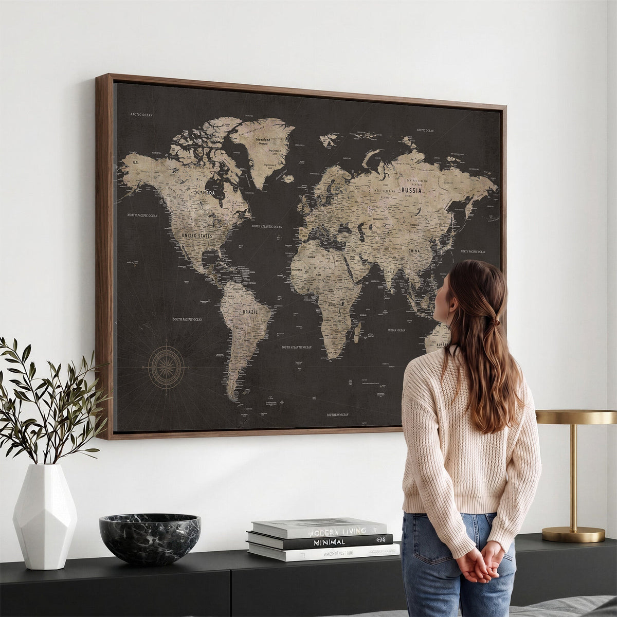 World Map Canvas Wall Art, Dark Charcoal and Antique Tan Detailed Map