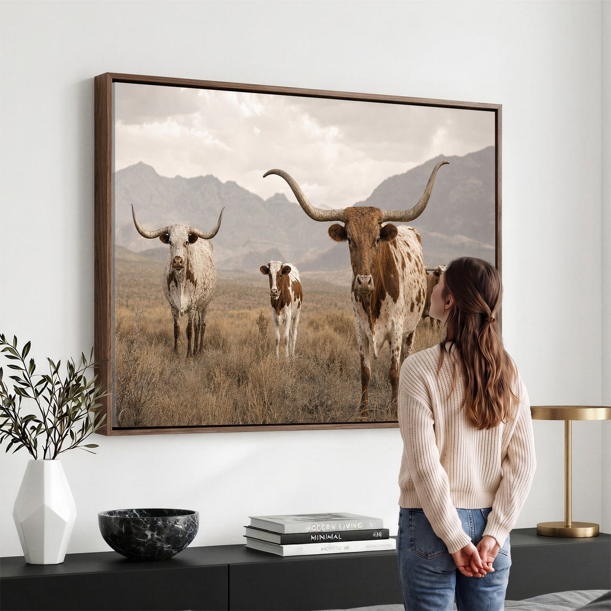 Rustic Texas Longhorn Cow Canvas Wall Art Print, Farm Animal Photography