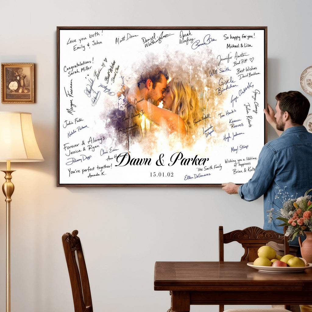 Ink Splash Wedding Guest Book Canvas, Personalized Couple Photo Sign