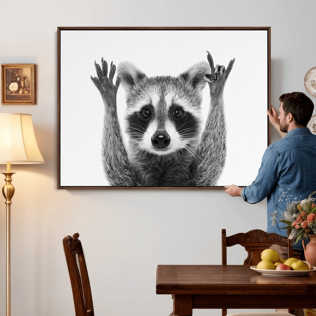 Funny Raccoon Canvas Wall Art, Black White Hands Up Animal Photo Print