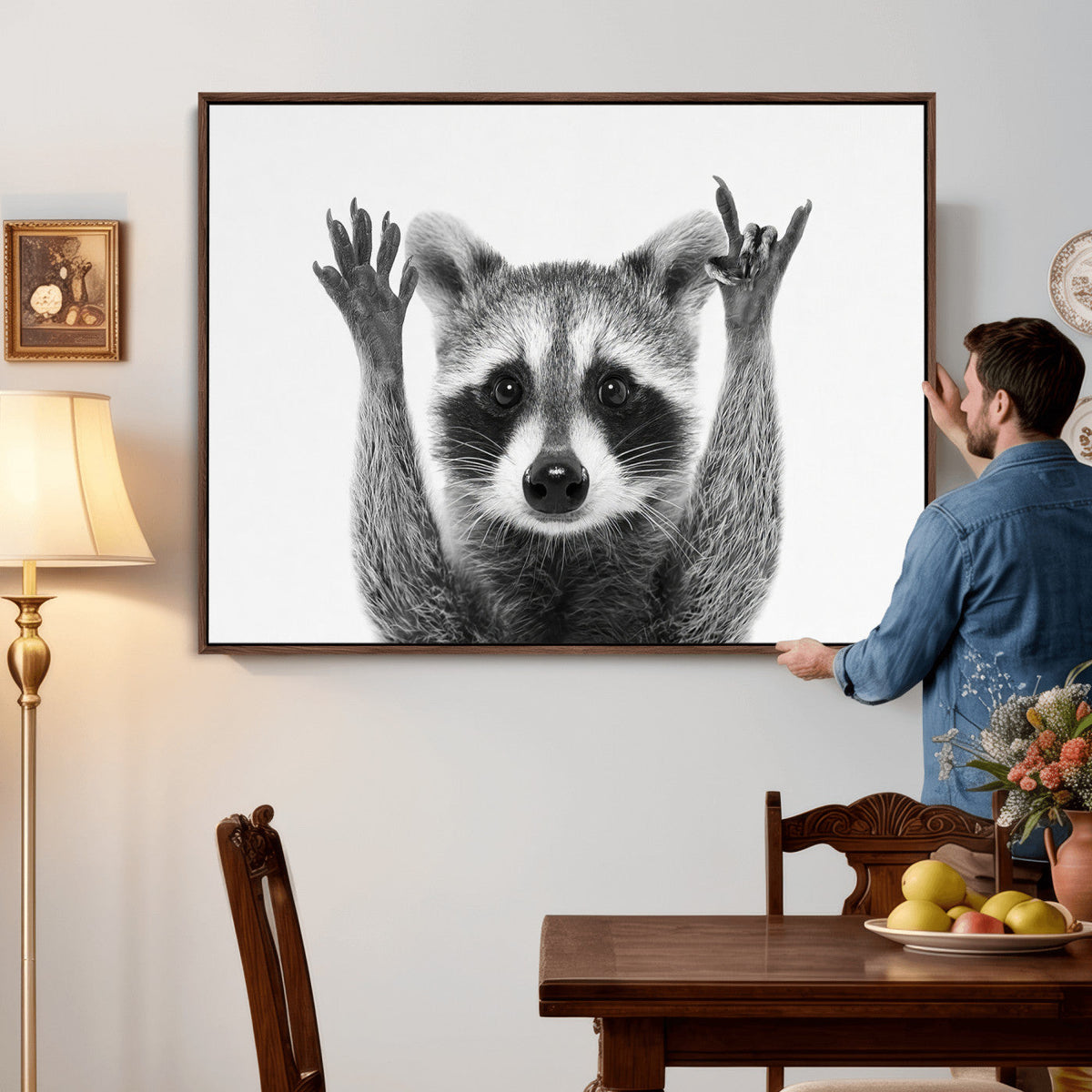 Funny Raccoon Canvas Wall Art, Black White Hands Up Animal Photo Print