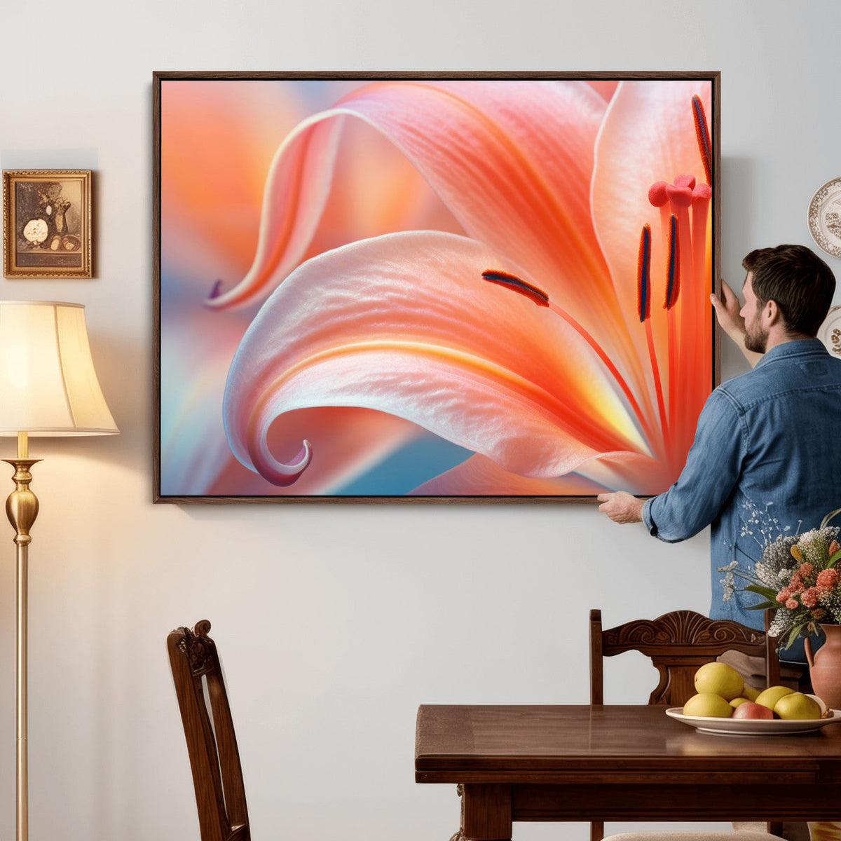 Peach Lily Canvas Wall Art, Coral Pink Flower Macro Photo Print, Botanical Decor