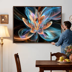 Fractal Lotus Canvas Wall Art, Blue Orange Glowing Flower Abstract Print