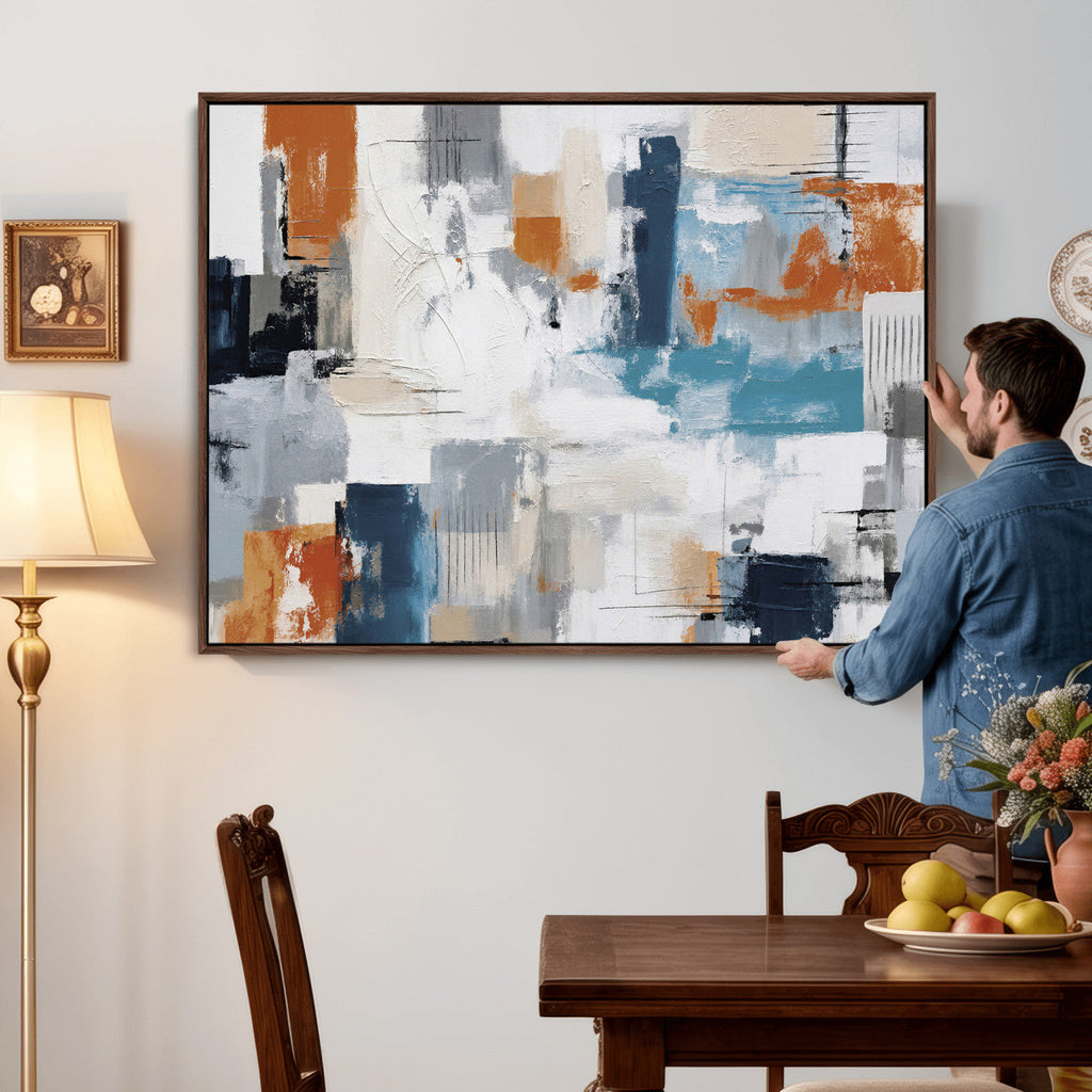 Blue Teal Abstract Canvas Wall Art, Modern Brushstroke Style Print, Navy Orange Contemporary Decor