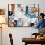 Blue Teal Abstract Canvas Wall Art, Modern Brushstroke Style Print, Navy Orange Contemporary Decor